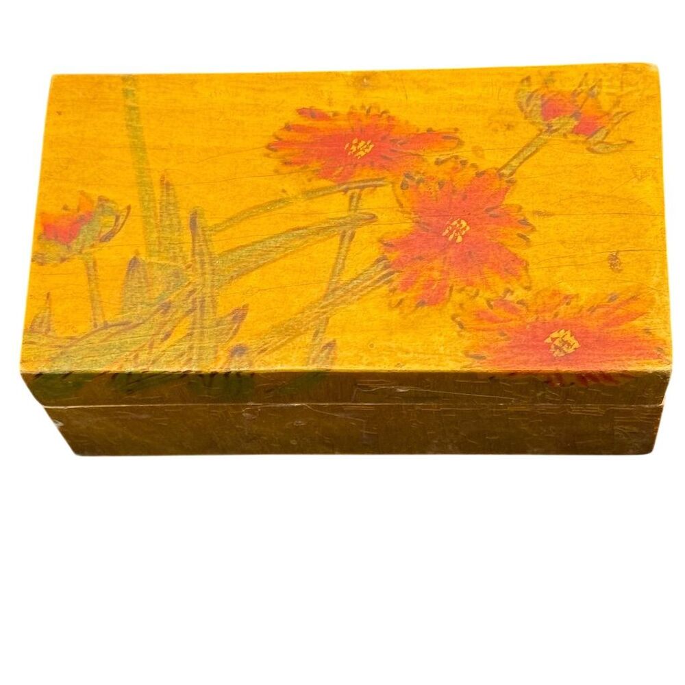 Vintage Chinese Hand-Painted Trinket Box Yellow with Red Flowers